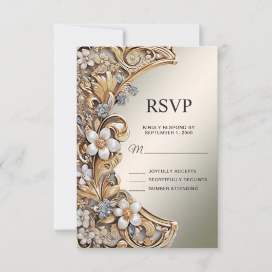Decoratieve Gouden Witte Bloemen RSVP-Kaart RSVP Kaartje (Voorkant)