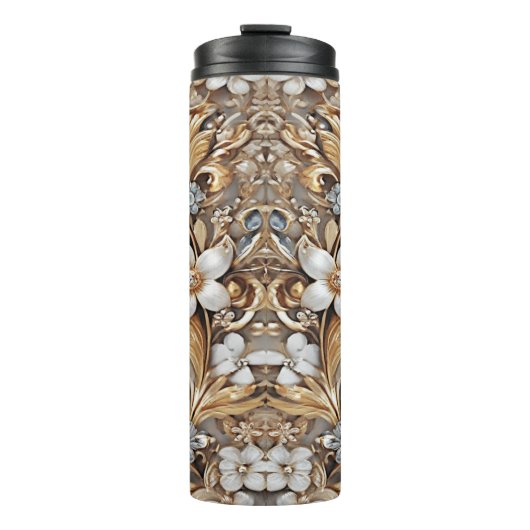 Decoratieve Gouden Witte Bloemen Thermische Tumble Thermosbeker (Voorkant)