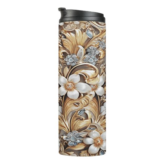 Decoratieve Gouden Witte Bloemen Thermische Tumble Thermosbeker (Geroteerd rechts)