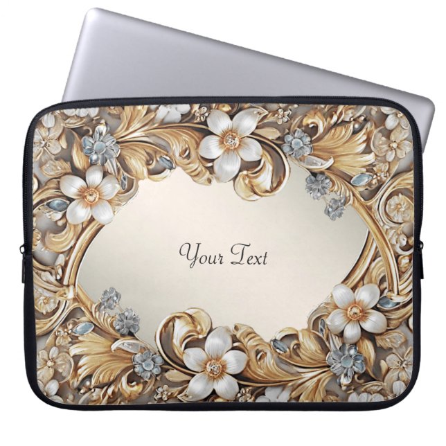 Decoratieve Gouden Witte Floral Laptop Sleeve (Voorkant)