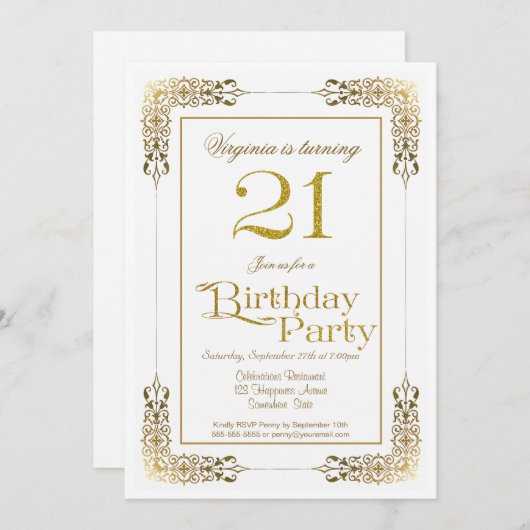 Decoratieve goudgrens 21e verjaardag kaart (Voorkant / Achterkant)