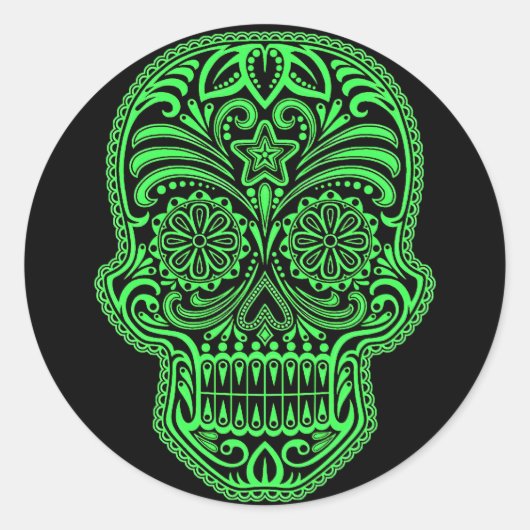 Decoratieve Groene en Zwarte Suikerschedel Ronde Sticker (Voorkant)