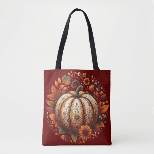 Decoratieve Halloween pompoen met bladeren en bloe Tote Bag (Voorkant)