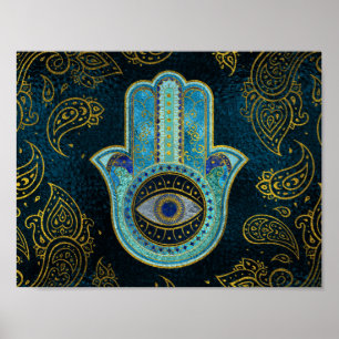 Decoratieve Hamsa Handje met paisley achtergrond Poster