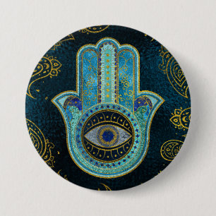 Decoratieve Hamsa Handje met paisley achtergrond Ronde Button 7,6 Cm