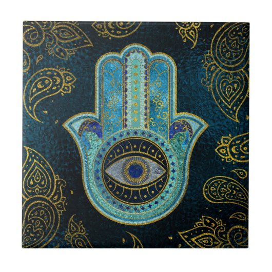 Decoratieve Hamsa Handje met paisley achtergrond Tegeltje (Voorkant)