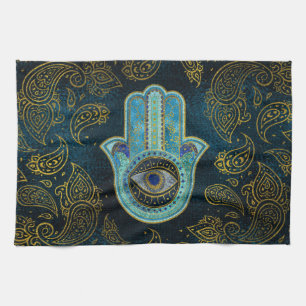 Decoratieve Hamsa Handje met paisley achtergrond Theedoek