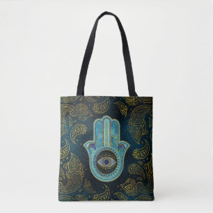 Decoratieve Hamsa Handje met paisley achtergrond Tote Bag