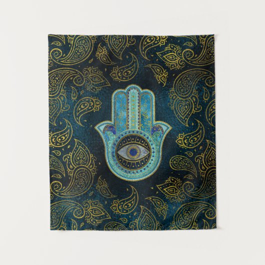 Decoratieve Hamsa Handje met paisley achtergrond Wandkleed (Voorkant)