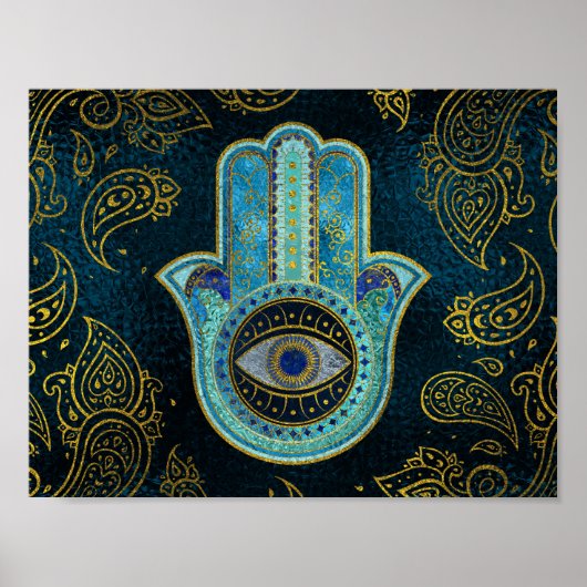 Decoratieve Hamsa Handje met paisleyachtergrond Poster (Voorkant)