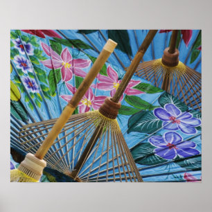 Decoratieve handbeschilderde paraplu's in het dorp poster