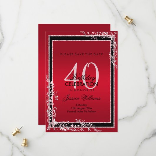 Decoratieve hoeken Ruby & Black Verjaardag Save The Date (Voorkant / Achterkant in situ)