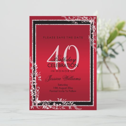 Decoratieve hoeken Ruby en Black Birthday Save The Date (Staand voorkant)