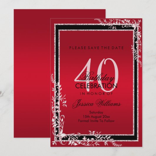 Decoratieve hoeken Ruby en Black Birthday Save The Date (Voorkant / Achterkant)