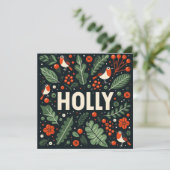 Decoratieve kerst holly bessen en roodborstjes feestdagenkaart (Staand voorkant)