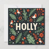 Decoratieve kerst holly bessen en roodborstjes feestdagenkaart (Voorkant)