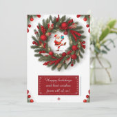 Decoratieve kerstkrans met rode Ornamenten Feestdagenkaart (Staand voorkant)