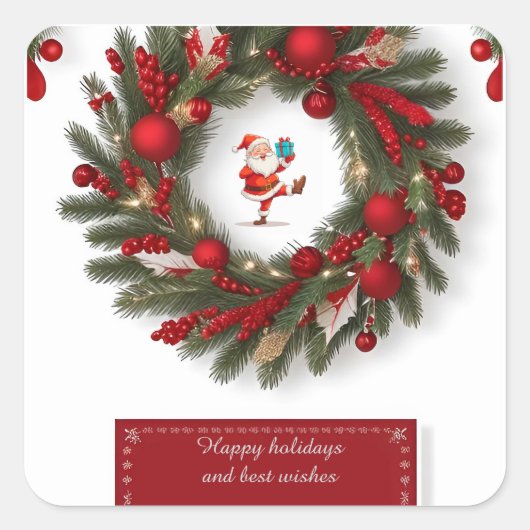 Decoratieve kerstkrans met rode Ornamenten Vierkante Sticker (Voorkant)