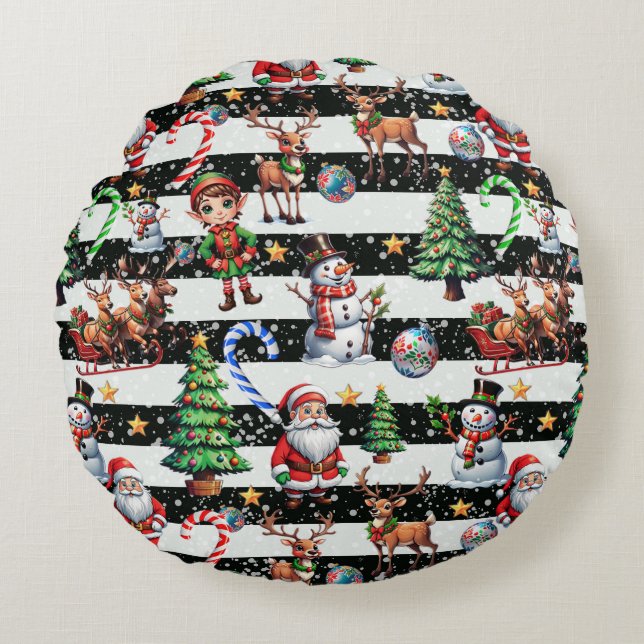 Decoratieve kerststrepen Patroonontwerp Rond Kussen (Voorkant)
