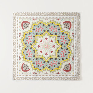 Decoratieve kleurrijke versiering op witte achterg wandkleed