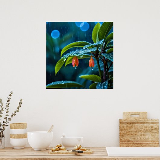 Decoratieve kunst - regendruppels op de bladeren # poster (Keuken)