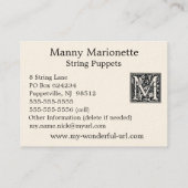 Decoratieve letter "M" Woodcut Woodblock Initiaal Visitekaartje (Achterkant)