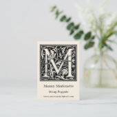 Decoratieve letter "M" Woodcut Woodblock Initiaal Visitekaartje (Staand voorkant)