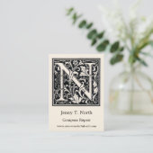 Decoratieve letter "N Woodcut Woodblock Initiaal Visitekaartje (Staand voorkant)