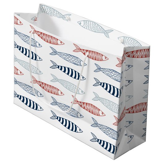 Decoratieve mediterrane sardines vispatroon groot cadeauzakje (Voorkant Gekanteld)