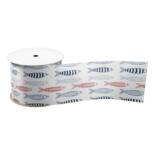 Decoratieve mediterrane sardines vispatroon satijnen lint (Spoel)