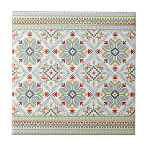 Decoratieve Oceaan Blauw en Rode Bloemen Mozaïek Tegeltje