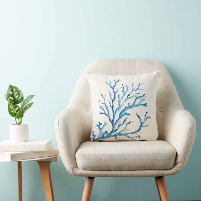 Decoratieve Ocean Blue Coral Branch Coastal Kussen (Stoel)