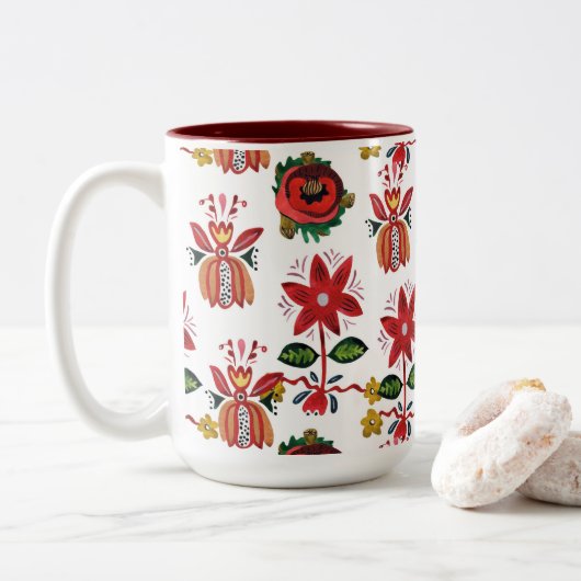 Decoratieve Oekraïense bloemen Tweekleurige Koffiemok (Met donut)