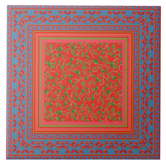 Decoratieve papavergrens, papaverknoppen, rood en  tegeltje (Voorkant)