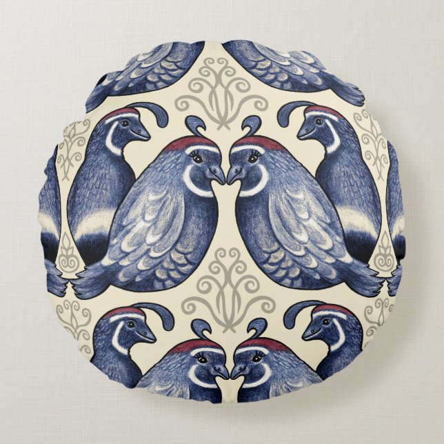 Decoratieve quail Navy en Cream Round Pillow Rond Kussen (Voorkant)