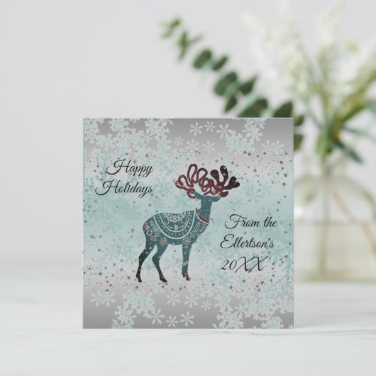 Decoratieve rendieren sneeuwvlokken kerst glitter kaart (Staand voorkant)