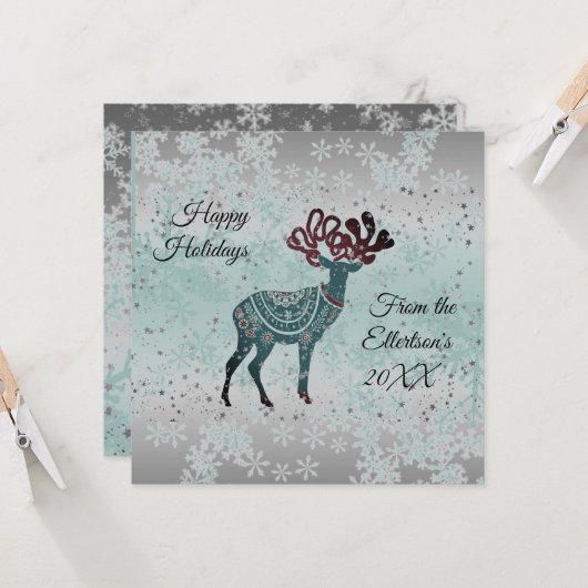 Decoratieve rendieren sneeuwvlokken kerst glitter kaart (Voorkant / Achterkant in situ)