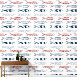 Decoratieve rode & blauwe Sardines Vis Patroon Behang