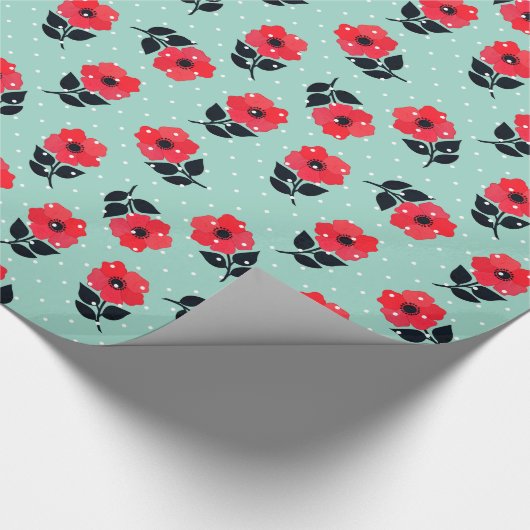 Decoratieve rode bloemen Mint Blue Polka Dots Cadeaupapier (Hoek)