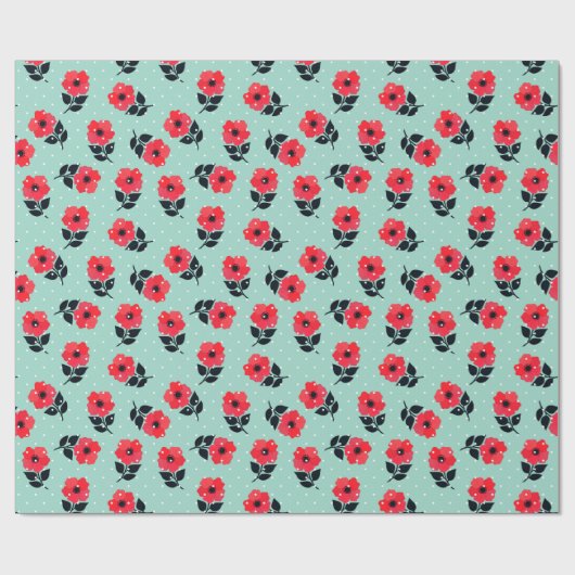 Decoratieve rode bloemen Mint Blue Polka Dots Cadeaupapier (Vlak)