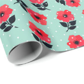 Decoratieve rode bloemen Mint Blue Polka Dots Cadeaupapier (Rol Hoek)
