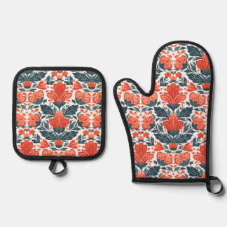 Decoratieve rode bloemen ovenwant & pannenlap set