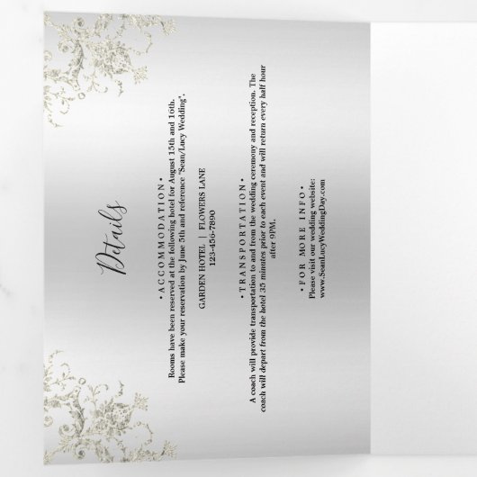 Decoratieve Romantische Zilveren Damast bruiloft Drieluik Uitnodiging (Binnenzijde eerst)