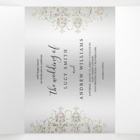 Decoratieve Romantische Zilveren Damast bruiloft Drieluik Uitnodiging (Binnenkant midden)