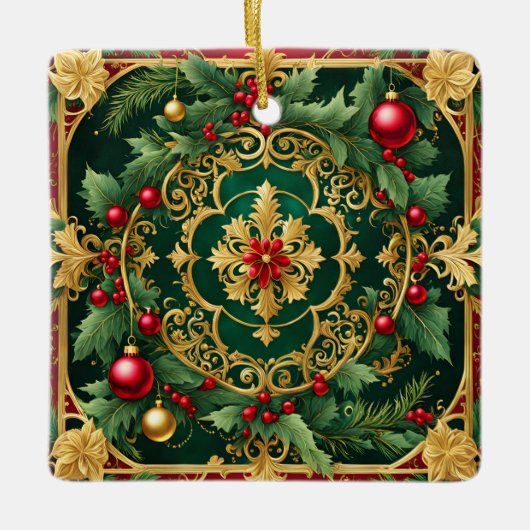 Decoratieve rood goud groene kerstvakantie keramisch ornament (Voorkant)