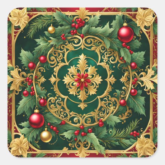 Decoratieve rood goud groene kerstvakantie vierkante sticker (Voorkant)