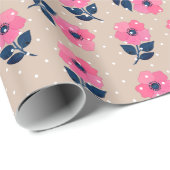 Decoratieve roze bloemen beige witte pooldots cadeaupapier (Rol Hoek)