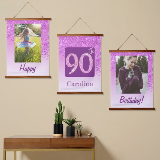 Decoratieve Roze Glitter 2 foto's voor 90e verjaar Hangend Wandkleed (Asymmetrisch)