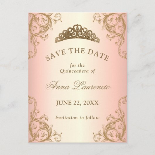 Decoratieve Roze Gouden Quinceanera Save The Date Briefkaart (Voorkant)