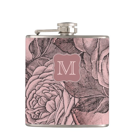 Decoratieve Rozen Blush Pink Monogram Heupfles (Voorkant)